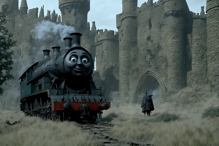 ashenhard style, masterpiece, ultra hd, robot, 1train,a gigantic Thomas The Tank, angry, Thomas The Train,train tracks,bridge,grass background,high quality,highly detailed,(smoke:1.4),cgi,realistic,3d,sun,godrays,(sketch), darkness, horror, monster, intricate, 80sDarksouls, rusty metal, glowing eyes, final boss, , small humans