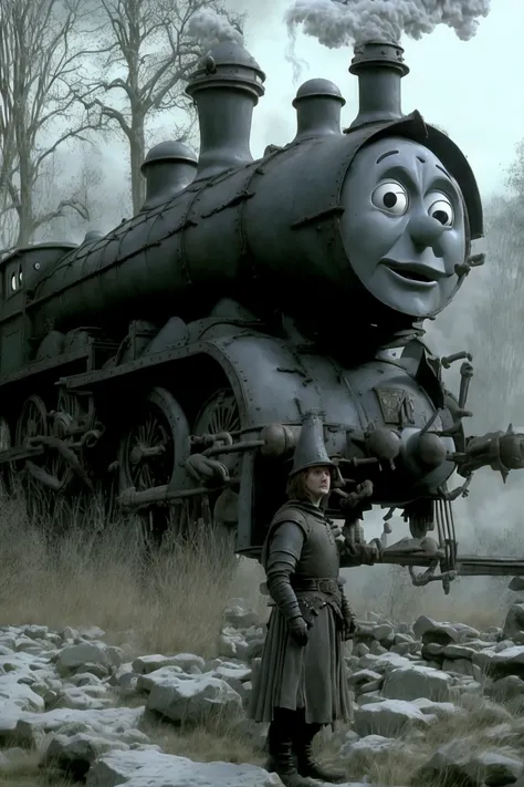 ashenhard style, masterpiece, ultra hd, robot, 1train,Thomas The Tank, angry, Thomas The Train,train tracks,bridge,grass background,high quality,highly detailed,(smoke:1.4),cgi,realistic,3d,sun,godrays,(sketch), darkness, horror, monster, intricate,  80sDarksouls