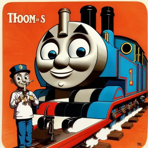<lora:thomasTheTrainILora_v1:0.7>,thomas the train, with a big joint in mouth, cigar, red eyes, evil