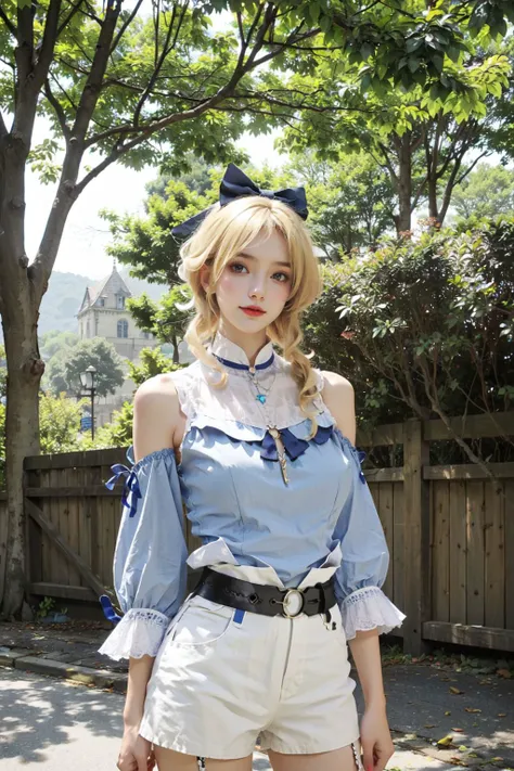 <lora:Jean:0.7>, jean_genshin, 1girl, beautiful face, (cowboy shot), blonde hair, hair bow,bare shoulders, detached sleeves, jean's upshirt, jean's puffy white shorts, belt, (standing), upper body, outdoors, european town, european style houses, (castle), noon, streets, sunshine,