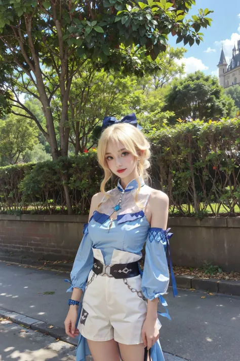 <lora:Jean:0.7>, jean_genshin, 1girl, beautiful face, (cowboy shot), blonde hair, high ponytail, hair bow,bare shoulders, detached sleeves, jean's upshirt, jean's puffy white shorts, belt, (smile:0.7), (standing), looking at viewer, upper body, outdoors, european town, european style houses, (castle), noon, streets, sunshine,