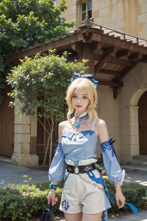 <lora:Jean:0.7>, jean_genshin, 1girl, beautiful face, (cowboy shot), blonde hair, high ponytail, hair bow,bare shoulders, detached sleeves, jean's upshirt, jean's puffy white shorts, belt, (smile:0.7), (standing), looking at viewer, upper body, outdoors, european town, european style houses, (castle), noon, streets, sunshine,