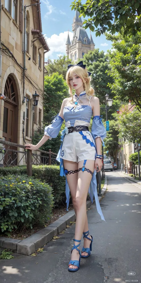 <lora:Jean:0.7>, jean_genshin, 1girl, beautiful face, (cowboy shot), blonde hair, high ponytail, hair bow,bare shoulders, detached sleeves, jean's upshirt, jean's puffy white shorts, belt, thigh strap, sandals, (standing), upper body, outdoors, european town, european style houses, (castle), noon, streets, sunshine,
