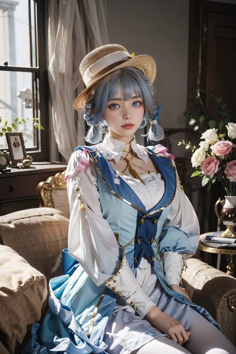 <lora:ayaka:0.75>,kamisato_ayaka, (sitting on the sofa),1girl,hat,blue hair, braid, blue eyes, white pantyhose,sitting, upper body, blue dress, (cowboy shot),(masterpiece, high quality, best quality), (colorful),(delicate eyes and face), volumatic light, ray tracing, extremely detailed CG unity 8k wallpaper,solo, ((flying petal)), indoors,living room, vase, flowers,sofa, decorations,