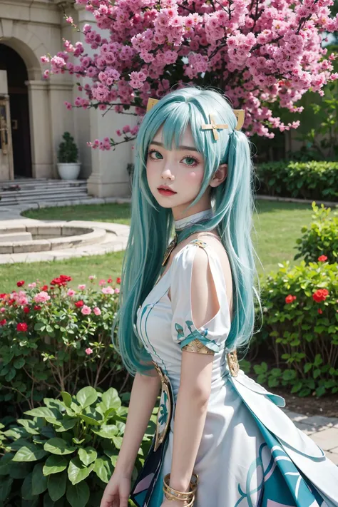 <lora:Faruzan:0.7>, (((best quality, masterpiece))), faruzan_genshin, ((cowboy shot)), aqua hair, long hair, twin tails, x hair ornament, jewelry, white dress, dress, short sleeves, looking at viewer, upper body, outdoors, castle, streets, green plants, flowers,