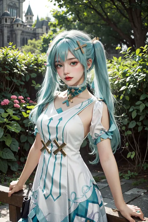<lora:Faruzan:0.65>, (((best quality, masterpiece))), faruzan_genshin, ((cowboy shot)),  aqua hair, long hair, twin tails, x hair ornament, jewelry,  white dress, dress, short sleeves, looking at viewer, standing, upper body, outdoors, castle, streets, green plants, flowers,