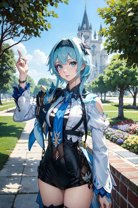 <lora:Eula:0.75>, (((best quality, masterpiece, good anatomy))), eula_in_genshin, cowboy shot, 1girl, blue short hair, black hairband,a leotard with a white top and black bottom, white long sleeves, blue necktie, jewelry on the shoulder,upper body,outdoors, castle, streets, green plants, flowers,