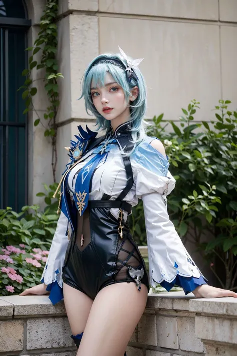 <lora:Eula:0.7>, (((best quality, masterpiece, good anatomy))), eula_in_genshin, cowboy shot,  1girl, blue short hair, black hairband,a leotard with a white top and black bottom, white long sleeves, blue necktie, jewelry on the shoulder, upper body,outdoors, castle, streets, green plants, flowers,