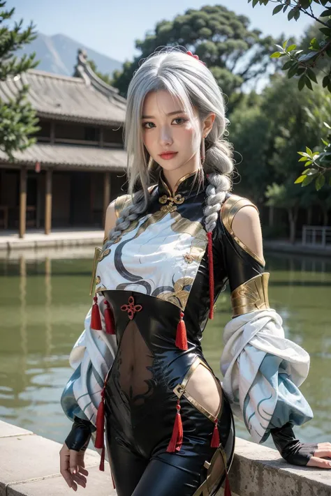 best quality, masterpiece, realistic, photorealistic, 1girl, solo, looking at viewer, cowboy shot, shen_he_, (genshin_impact), (black bodysuit), (hair ornament), white hair, (braid ponytail), black sleeves, breasts curtain, jewelry, hip vent, shoulder cutout, navel, sandals, ancient chinese building, chinese garden, flower, tree, <lora:Shenhe_remake:0.85>
