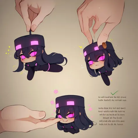 (masterpiece, best quality:1.2), <lyco:Endermanchan:0.8>, <lyco:HowToHoldMeme:0.9>, howtoholdmeme, chibi, 1girl, enderman-chan, expressionless, glowing eyes