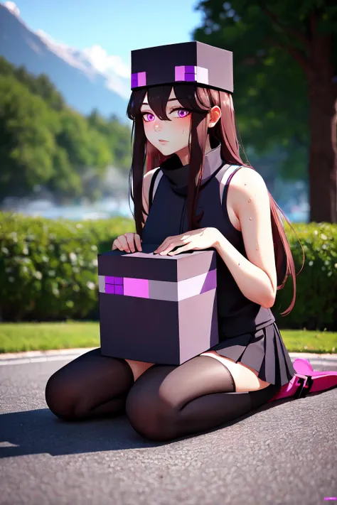 Highly detailed, High Quality, Masterpiece, beautiful, Enderman-chan, <lora:Endermanchan:1>, 1girl, mature female, block, sweat, heavy block, heavy, block on ground, steaming, big block, glowing, glowing eyes,