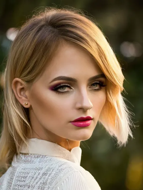 cinematic photo an exquisite portrait photograph, 85mm medium format photo of ((ohwx woman)) with a classy hairstyle <lora:KateBloom_SD15_v1.0:1> KateBloom, classy makeup, simple background, symmetrical, rule of thirds, . 85mm photograph, film, bokeh, professional, 4k, highly detailed, (in style of Martin Schoeller:1.1)