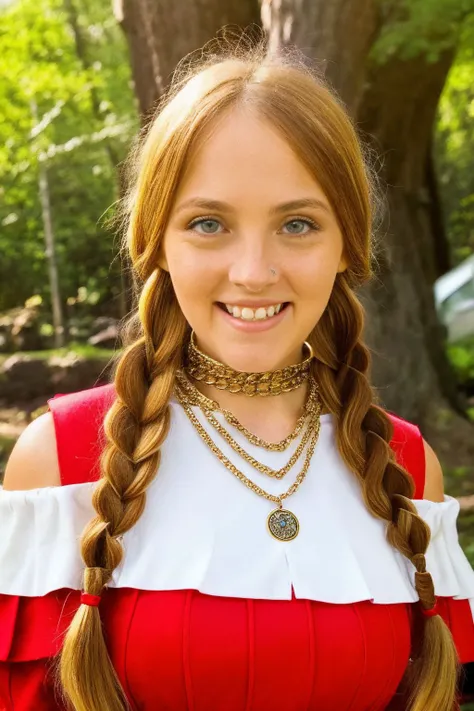 beauty photo, <lora:KateBloom_SD15_v1.0:1> photograph <lora:epiCRealismHelper:1> <lora:epiC35mm:1>
of KateBloom,
twin braids,
detailed face, detailed teeth,
Red, off-the-shoulder top Skort White, knee-high boots Chain belt, layered necklace, aviator sunglasses,
detailed skin, smile512, forest,