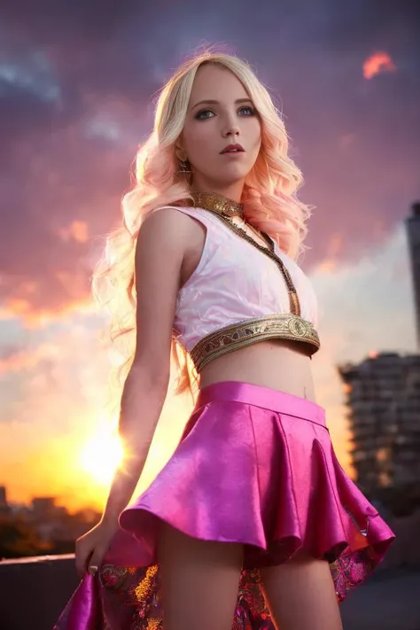 (Art Photography, Award Winning) KateBloom is wearing a tiny pink miniskirt and top and pink sneakers),in New York, by Steve McCurry, 35mm, F/2.8, ((Photo Focus, DOF, Aperture, insanely detailed and intricate, character, hypermaximalist, elegant, ornate, beautiful, exotic, revealing, appealing, attractive, amative, hyper realistic, super detailed, heresy flares), (DOF, blurry background, sunset in the back of the character)Lens Flare, Heresy flare <lora:KateBloom_SD15_v1.0:0.9>