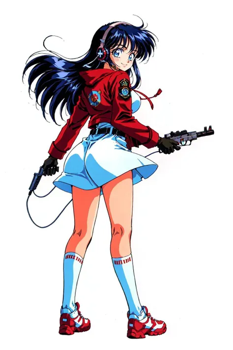 RetroAnime Style, 1girl, solo, long hair, looking at viewer, smile, bangs, blue eyes, simple background, black hair, gloves, long sleeves, white background, dress, holding, standing, jacket, full body, weapon, shoes, socks, belt, looking back, white gloves, holding weapon, gun, kneehighs, headphones, red dress, white socks, holding gun, handgun, headset, retro artstyle, 1990s (style), badge, energy gun, foreshortening, cinematic angle, cinematic lighting, masterpiece, best quality , official art , <lora:RetroAnime:0.8>