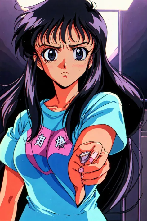 RetroAnime Style, 1girl, solo, long hair, looking at viewer, bangs, shirt, black hair, upper body, short sleeves, black eyes, frown, t-shirt, clothes writing, retro artstyle, 1980s (style), foreshortening, cinematic angle, cinematic lighting, masterpiece, best quality , official art , <lora:RetroAnime:0.8>