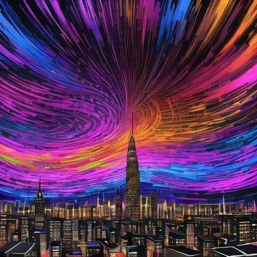 expressionist A distorted cityscape with buildings twisted into grotesque forms, as if the very fabric of reality was unraveling in a swirl of turbulent colors and chaotic brushstrokes. . raw, emotional, dynamic, distortion for emotional effect, vibrant, use of unusual colors, detailed, an abstract painting of a Flower with gold stars, in the style of color gradients, dark violet and light orange, dreamy portraits, colorful curves, ethereal creatures, chaotic, tessellated, ornate