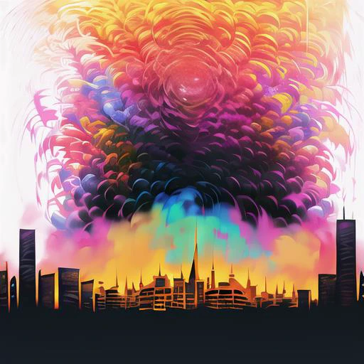 expressionist A distorted cityscape with buildings twisted into grotesque forms, as if the very fabric of reality was unraveling in a swirl of turbulent colors and chaotic brushstrokes. . raw, emotional, dynamic, distortion for emotional effect, vibrant, use of unusual colors, detailed, an abstract painting of a Flower with gold stars, in the style of color gradients, dark violet and light orange, dreamy portraits, colorful curves, ethereal creatures, <lora:color paint_20231218224545:1>