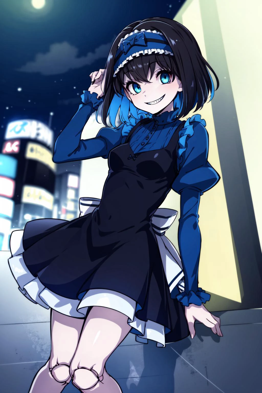 (masterpiece:1.2), best quality, ultra high resolution, unity 8k wallpaper, (illustration:1.0), (beautiful detailed eyes:1.6), extremely detailed face, perfect lighting, extremely detailed CG, (perfect hands,perfect anatomy), (dynamic angle and pose:1.3), nice angle, (1girl, solo:1.5), BREAK
garie tuman, colored inner hair, blue eyes, multicolored hair, short hair, frilled hairband, hairband, black hair, blue hair, doll joints, two-tone hair, joints, breasts, pale skin, shiny hair, sharp teeth, small breasts, (half-closed eyes:1.2), (blue eyeshadow:1.4),BREAK
(blue dress, black dress, long sleeves:1.2), puffy sleeves, knee-length skirt, medium skirt, layered skirt, bow, shiny, frills, juliet sleeves, dress, (knees:1.2), BREAK
doyagao, seductive smile, grin, happy, BREAK
(Night shibuya:1.3), (city:1.3), outdoor,Night,street,downtown,