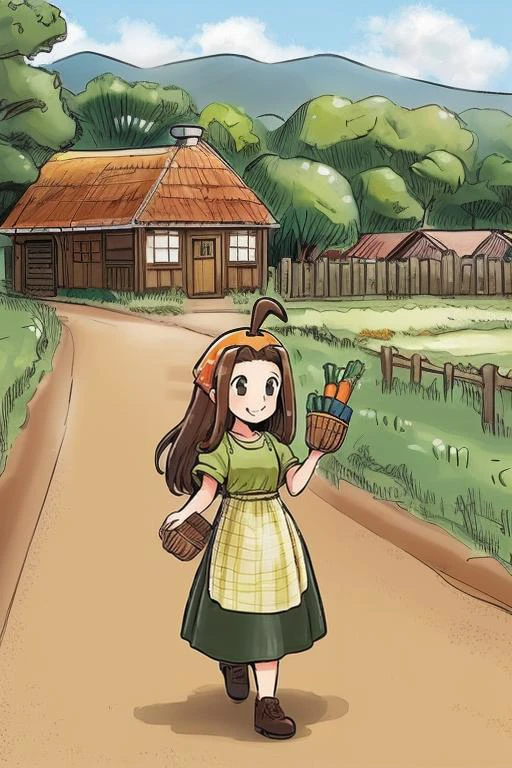 Cecilia, Harvest Moon, Story of Seasons, smiling, brown hair, long hair, ahoge, cowlick, yellow bandana, green shirt, green dress, ((dark skirt)), (yellow apron), checkered apron, gingham apron, holding crate of vegetables, carrots, turnips, walking down dirt road, full body, sunny, midday <lora:Cecilia:1>