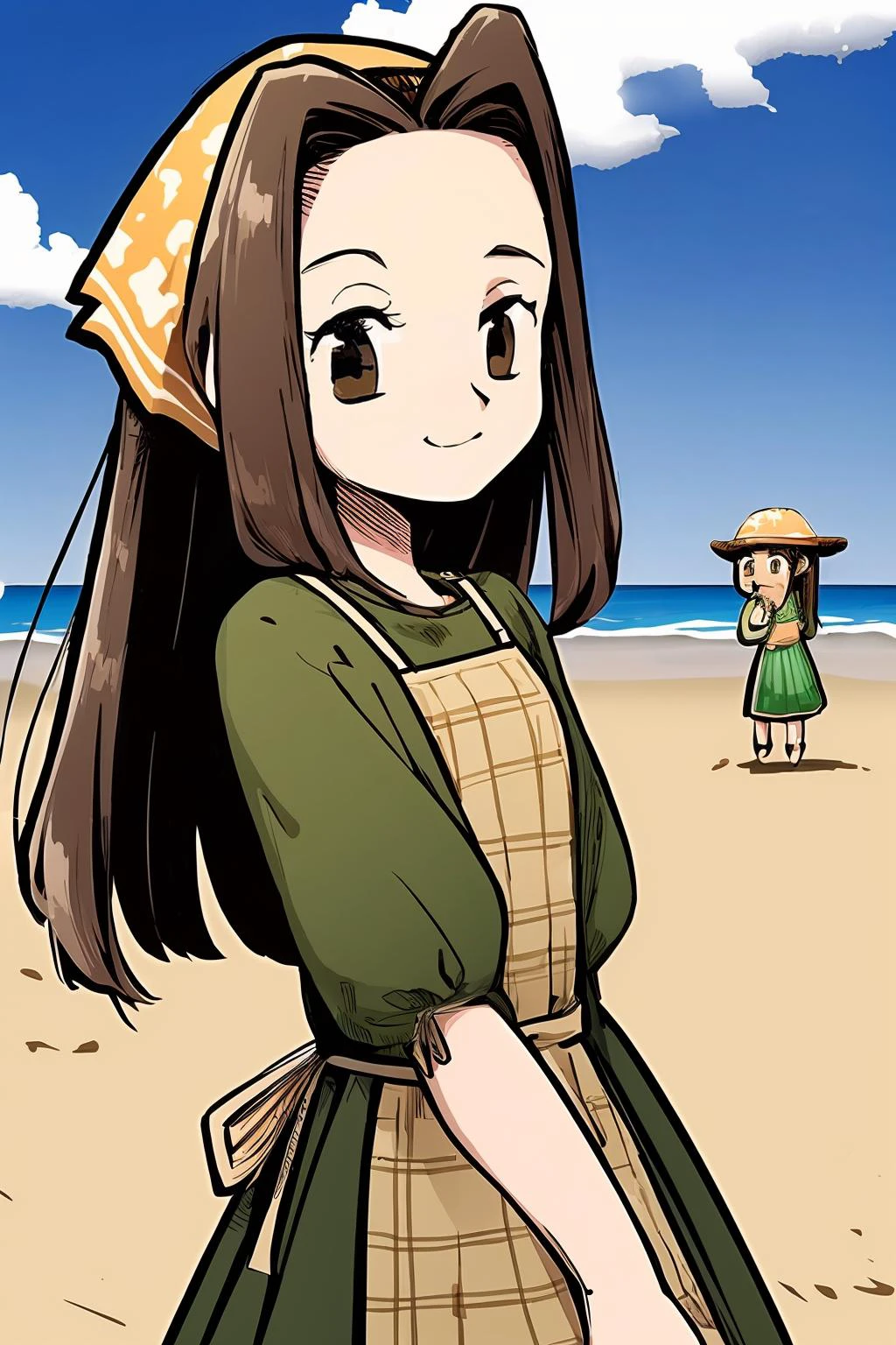masterpiece, high quality, absurdres, break
Cecilia, Harvest Moon, Story of Seasons, (brown eyes), brown hair, (cowlick), long hair, yellow bandana, green shirt, green dress, dark skirt, yellow apron, checkered apron, gingham apron, small smile, <lora:Cecilia:1>
beach background