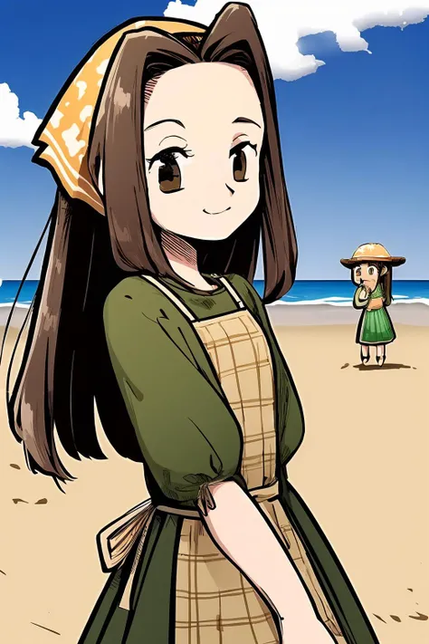 masterpiece, high quality, absurdres, break
Cecilia, Harvest Moon, Story of Seasons, (brown eyes), brown hair, (cowlick), long hair, yellow bandana, green shirt, green dress, dark skirt, yellow apron, checkered apron, gingham apron, small smile, <lora:Cecilia:1> 
beach background