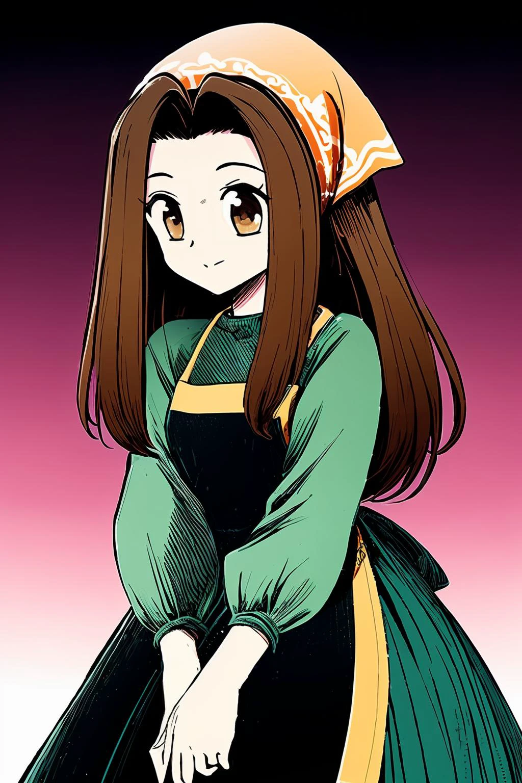 neonpunk style, masterpiece, high quality, absurdres, break
Cecilia, Harvest Moon, Story of Seasons, (brown eyes), brown hair, (cowlick), long hair, yellow bandana, green shirt, green dress, dark skirt, yellow apron, checkered apron, gingham apron, small smile, <lora:Cecilia:1>, cyberpunk, vaporwave, neon, vibes, vibrant, stunningly beautiful, crisp, detailed, sleek, ultramodern, magenta highlights, dark purple shadows, high contrast, cinematic, ultra detailed, intricate, professional