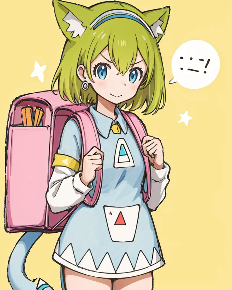 1girl, standing,
<lora:deltamon_v1:0.8>, (deltamon, backpack, blue tail),
pink randoseru,