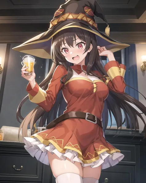 1girl, solo, standing, 
 <lora:ST_Konofan_0Rv2:1.0>, kfmegumin, witch hat, red dress, red eyes, belt,