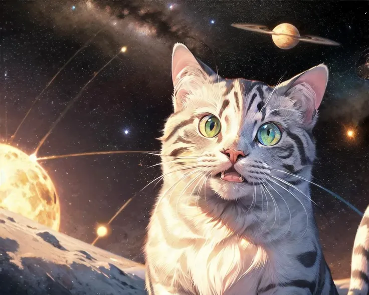 1cat, solo, space, jupiter \(planet\), planet, nebula, flehmen reaction, 
 <lora:spacecat:0.3>, (spacecat), 
half open mouth,