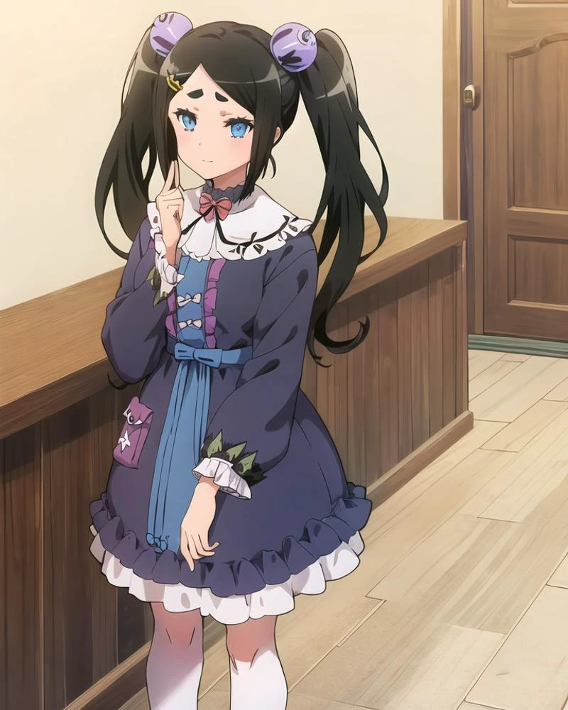1girl, full body,
<lora:FutokuNoGuild-1.01:1>, toxico (futoku no guild), twintails, blue eyes, black hair, hair ornament,