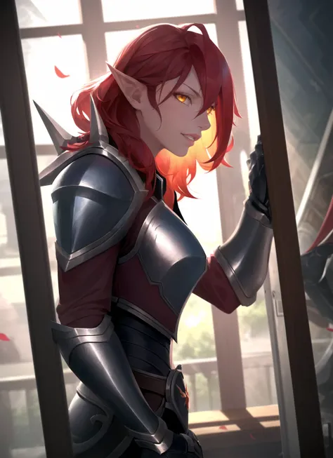 league of legends, masterpiece, best quality, 1girl, armor, upper body, blurry, blurry background, breastplate, broken window, clenched teeth, cropped jacket, from side, gauntlets, hair between eyes, jacket, medium hair, mirror, outstretched arm, pointy ears, red hair, red jacket, solo, torn clothes, yellow eyes <lora:league_of_legends_offset:1>