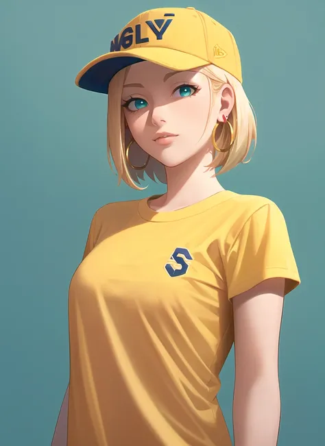 league of legends, masterpiece, best quality, 1girl, aqua eyes, baseball cap, blonde hair, closed mouth, earrings, green background, hat, hoop earrings, jewelry, looking at viewer, shirt, short hair, simple background, solo, upper body, yellow shirt <lora:league_of_legends_offset:1>