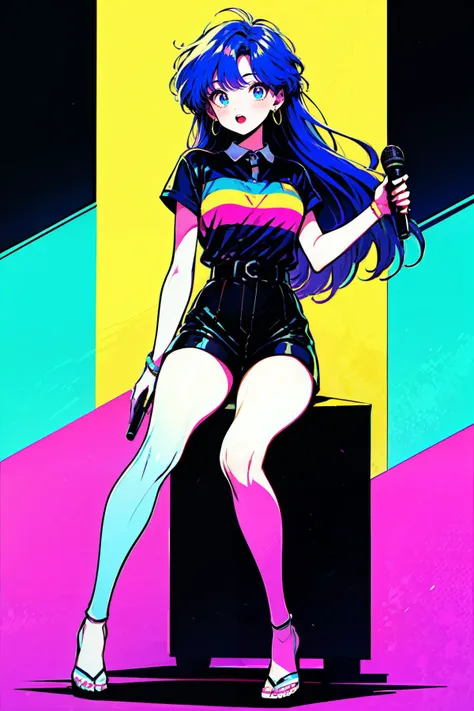 <lora:80s_Pop:0.8>,    1girl, solo, long hair, looking at viewer, blush, open mouth, bangs, blue eyes, shirt, holding, jewelry, sitting, blue hair, full body, short sleeves, earrings, shorts, striped, collared shirt, bracelet, short shorts, bare legs, black shorts, sandals, microphone, shirt tucked in, holding microphone, high-waist shorts