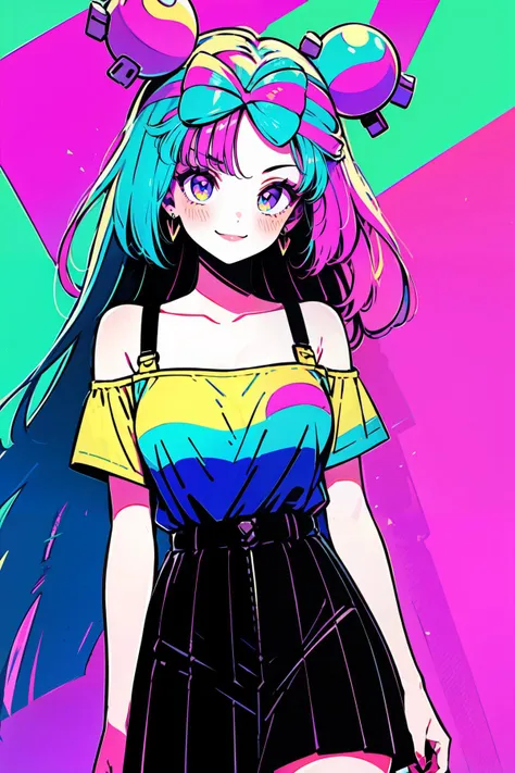 <lora:80s_Pop:0.8>, ((masterpiece,best quality)), absurdres,    <lora:Iono_Pokemon_v2:0.8>, iono (pokemon), solo, 1girl, long hair, pink eyes, blue hair, pink hair, light blue hair, multicolored hair, bow-shaped hair, smile,   1girl, solo, looking at viewer, blush, short hair, bangs, blue eyes, skirt, shirt, bare shoulders, jewelry, collarbone, short sleeves, grey hair, cowboy shot, pleated skirt, earrings, striped, off shoulder, makeup, white skirt, off-shoulder shirt, shirt tucked in, multicolored shirt,