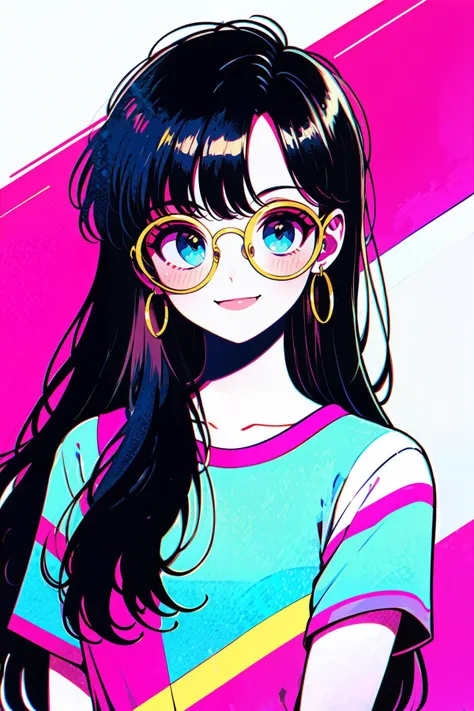 <lora:80s_Pop:0.8>, ((masterpiece,best quality)), absurdres,    1girl, solo, long hair, looking at viewer, blush, smile, bangs, blue eyes, simple background, shirt, black hair, white background, jewelry, white shirt, upper body, short sleeves, earrings, glasses, striped, hoop earrings, round eyewear, yellow-framed eyewear