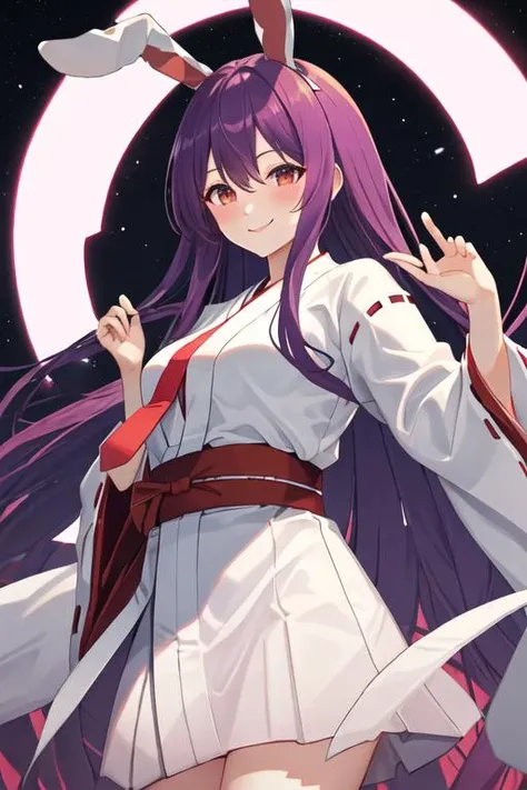 best quality, masterpiece, highres, solo, {white kimono:1.35}, {red hakama:1.35}, {wide sleeves:1.20}, {reisen_udongein_inaba_touhou:1.15}, animal_ears, long_hair, rabbit_ears, red_eyes, purple_hair, necktie, red_necktie, bangs, blush, very_long_hair, breasts, smile, hair_between_eyes