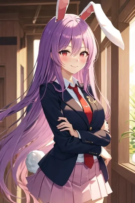 best quality, masterpiece, highres, solo, {reisen_udongein_inaba_touhou:1.15}, animal_ears, long_hair, rabbit_ears, red_eyes, purple_hair, necktie, red_necktie, bangs, blush, very_long_hair, breasts, smile, hair_between_eyes, 1girl, looking_back, blazer, jacket