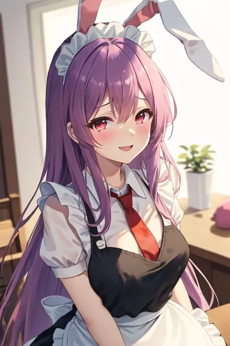 best quality, masterpiece, highres, solo, {reisen_udongein_inaba_touhou:1.15}, animal_ears, long_hair, rabbit_ears, red_eyes, purple_hair, necktie, red_necktie, bangs, blush, very_long_hair, breasts, smile, hair_between_eyes, 1girl, blurry, bow, looking_at_viewer, maid, maid_headdress, alternate_costume, bowtie, enmaided, apron, black_bow, black_bowtie, blurry_background, dress, maid_apron, pink_eyes, short_sleeves, black_dress, closed_mouth, heart, indoors, light_smile, open_mouth, tears, upper_body, white_apron