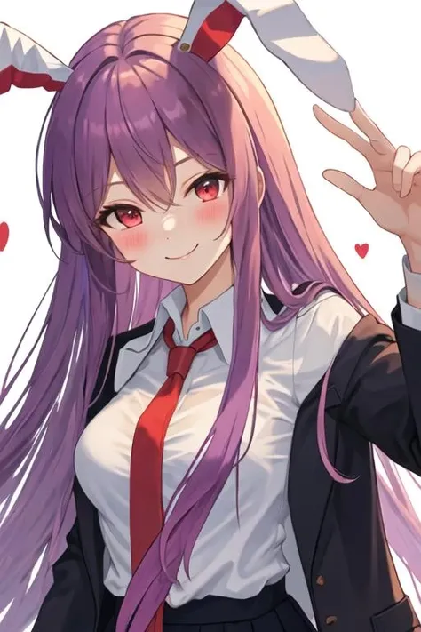 best quality, masterpiece, highres, solo, {reisen_udongein_inaba_touhou:1.15}, animal_ears, long_hair, rabbit_ears, red_eyes, purple_hair, necktie, red_necktie, bangs, blush, very_long_hair, , smile, hair_between_eyes, 1girl, blazer, jacket, looking_at_viewer, shirt, upper_body