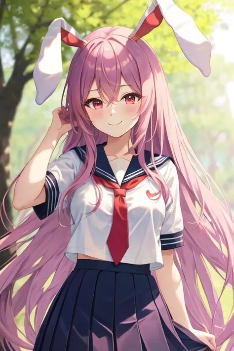 best quality, masterpiece, highres, solo, {reisen_udongein_inaba_touhou:1.15}, animal_ears, long_hair, rabbit_ears, red_eyes, purple_hair, necktie, red_necktie, bangs, blush, very_long_hair, breasts, smile, hair_between_eyes, 1girl, alternate_costume, blurry, looking_at_viewer, neckerchief, school_uniform, serafuku, blue_skirt, blurry_background, dappled_sunlight, outdoors, pink_hair, pleated_skirt, red_neckerchief, shirt, short_sleeves, skirt, closed_mouth, hand_up, sailor_collar, sunlight