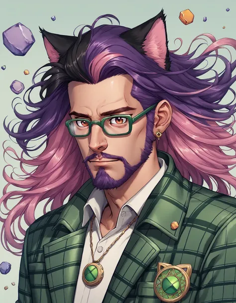 score_9, score_8_up, score_7_up, score_6_up, score_5_up, score_4_up, 1boy, animal ears, beard, cat ear, animal ears, facial hair, brown eyes, green leather jacket, white shirt, scottish plaid kilt, black hair, blue hair, red hair, purple hair, green hair, orange hair, pink hair, multicolored hair, shiny skin, detailed eyes, glasses, eyewear, long hair, wild hair, necklace, male focus, solo, upper body, wind swept hair, celtic background