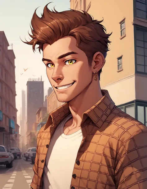 score_9, score_8_up, score_7_up, score_6_up, score_5_up, score_4_up, solo, smile, brown hair, shirt, 1boy, jewelry, yellow eyes, upper body, male focus, earrings, plaid, plaid shirt, city, outdoors