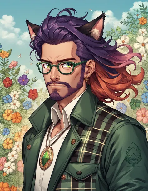 score_9, score_8_up, score_7_up, score_6_up, score_5_up, score_4_up, 1boy, animal ears, beard, cat ear, animal ears, facial hair, green eyes, green leather jacket, white shirt, scottish plaid kilt, auburn hair, ombre hair, gradient hair, black hair, blue hair, red hair, purple hair, green hair, orange hair, pink hair, multicolored hair, shiny skin, detailed eyes, glasses, eyewear, long hair, wild hair, necklace, male focus, solo, upper body, wind swept hair, celtic background, outdoors, ireland, dusk, source_anime