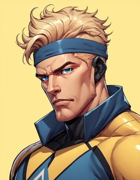 score_9, score_8_up, score_7_up, score_6_up, score_5_up, score_4_up, 1boy, blonde hair, blue eyes, bodysuit, gloves, looking at viewer, male focus, head band, facial hair, muscular, simple background, solo, upper body, yellow background, rating_explicit, nsfw