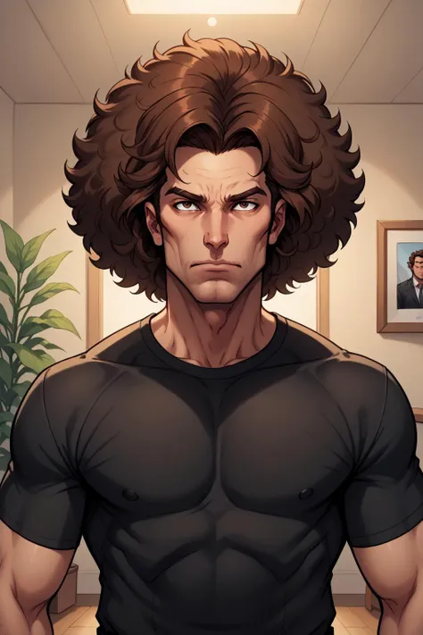 ((masterpiece, best illustration, extreme light and shadow)), 1boy, male focus, shirt, black shirt, solo, brown hair, indoors, upper body, suit, brown hair, living room background, medium hair, afro, Dan Avidan, content creator portrait, Danny Sexbang, Dan from Game Grumps, PonyXLV6_Scores PnyCmicXLPOS