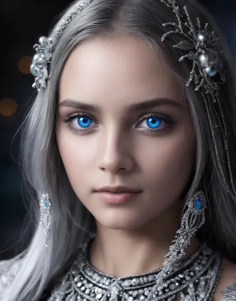 Upper body photo. 1Girl. Surreal photo of an alien otherworldly being with silver metallic skin, bright eyes, and intricate clothing patterns. Perfect eyes, highly detailed beautiful expressive eyes, detailed eyes. Cleavage. Glowing orbs. Background is of an alien planet. Curved landscape. 35mm photograph, film, bokeh, professional, 4k, highly detailed dynamic lighting, photorealistic, raw, rich, intricate details. Photo uses an abundance of silver, blue, grey, black, and white.