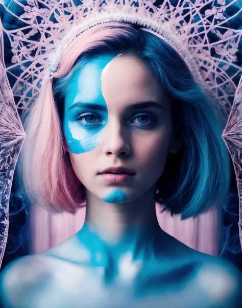 Upper body photo, A beautiful female, white and blue and pink, detailed features, organic forms, meticulous portraiture, complex patterns, double exposure, two photos overlapping, transparent, surreal artwork, cracks cover the entire scene, artful, aesthetic, unusual, vintage feel, post apocalyptic, unsettling violence, macabre, suspenseful, crazy visual soundscape