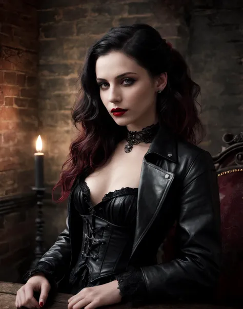 1Female. Victorian style hair. Aesthetic, painterly style, modern ink. Sensual, sultry, dark leather blouse, expressive pose. Urban punk. Erotic and haunting Vampire. Crypt. Moonlight. Abstract texture multilayer background. Surreal Neo-expressionist. Black Eyeliner. Dark red lip stick. Dynamic lighting. Vivid imagery, rich details, clear shadows and highlights, realistic, highly detailed, 35mm photograph, film, professional, highly detailed dynamic lighting, photorealistic, 8k, raw, rich, intricate details.