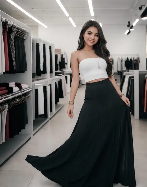 1girl, cute model. Long thick Maxi Skirt, Knit tube top, swept back hair, alluring smile, working at a clothing store, perfect eyes, highly detailed beautiful expressive eyes, detailed eyes, 35mm photograph, film, bokeh, professional, 4k, highly detailed dynamic lighting, photorealistic, 8k, raw, rich, intricate details,